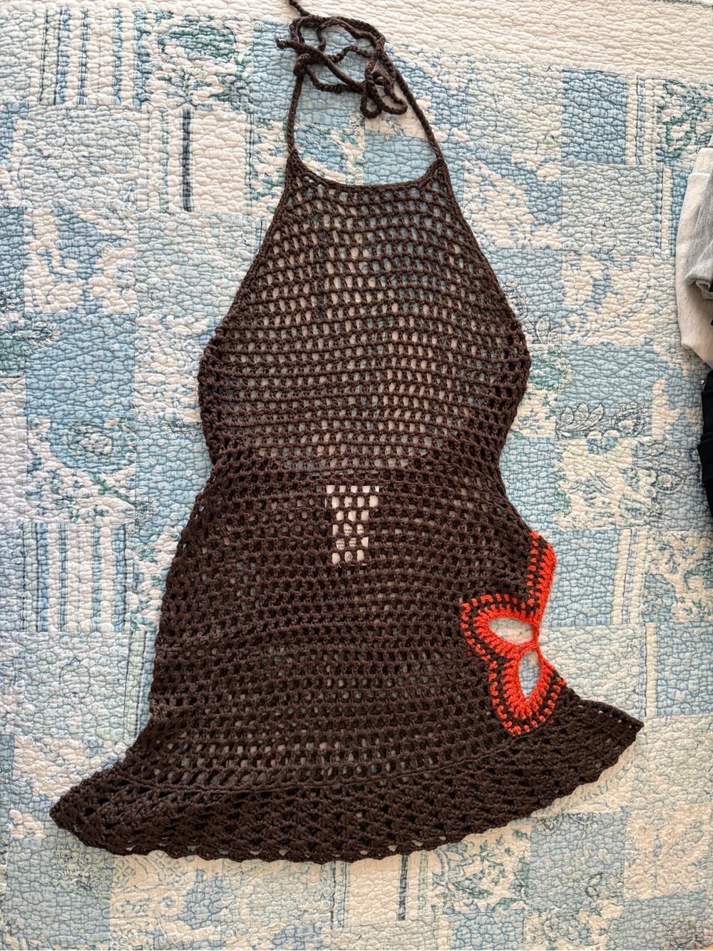 Peppermayo Brown Crochet Halter Swim Coverup with Orange Accent